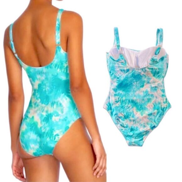 NWT Johnny Was Calme Aqua Keys Turquoise Tie Dye One Piece Tank Swimsuit Large - Picture 2 of 9